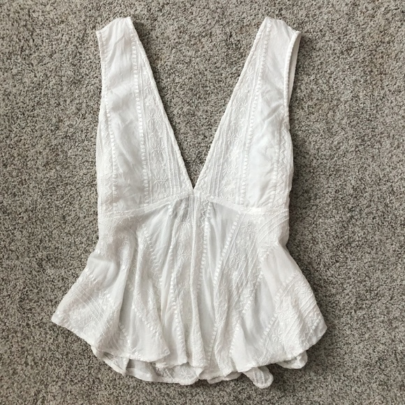 Free People Tops - Free People White Embroidered Deep V Tank Top